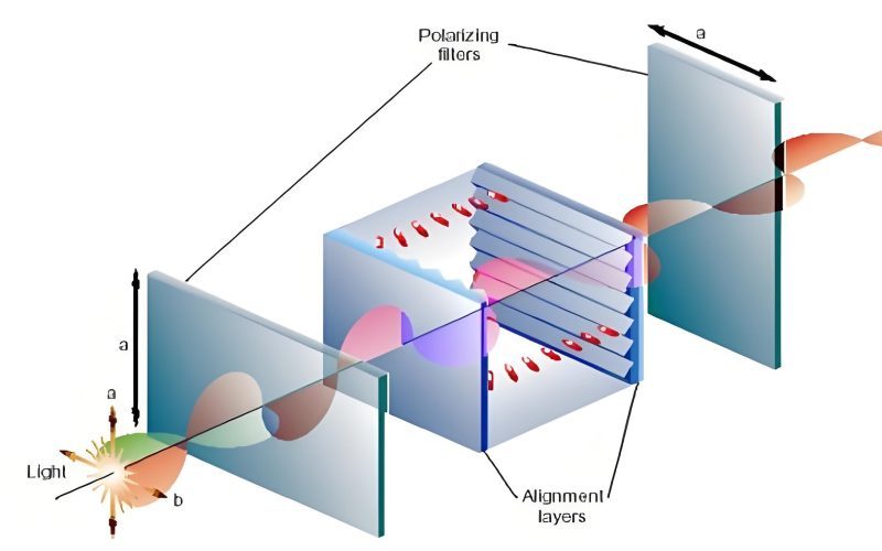 Diagram showing polarization of light waves passing through polarizing filters in an LCD