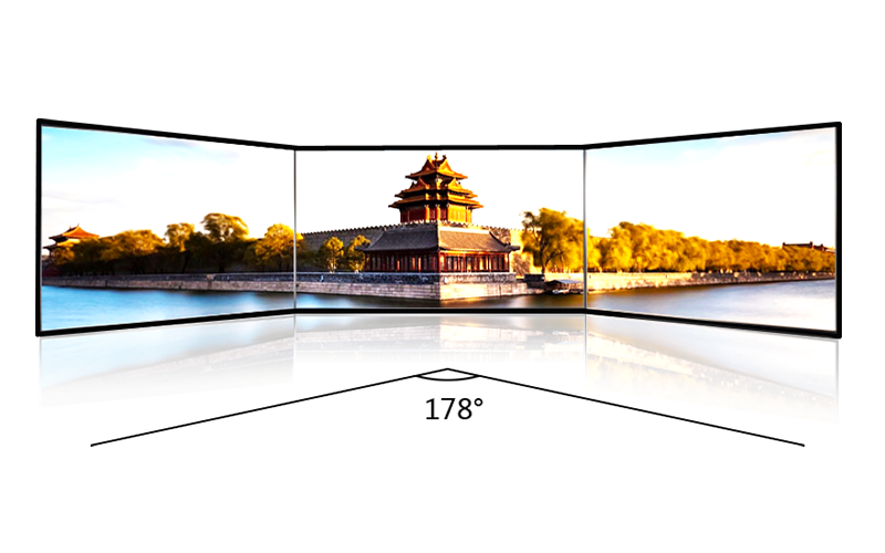 Comparison of viewing angles showing color and contrast preservation in wide-angle LCD technology versus traditional displays